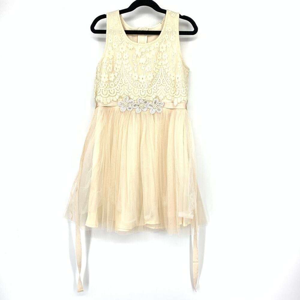 Unbranded Lace & Tulle Sleeveless Dress Girls Apx Size 8 Cream Tie Back Waist